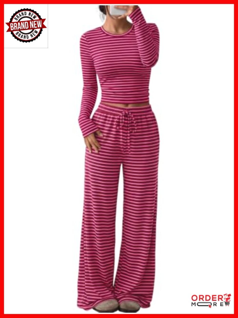 Womens Striped Lounge Set 2 Piece Wide Leg Pant Crewneck Top WFH Casual